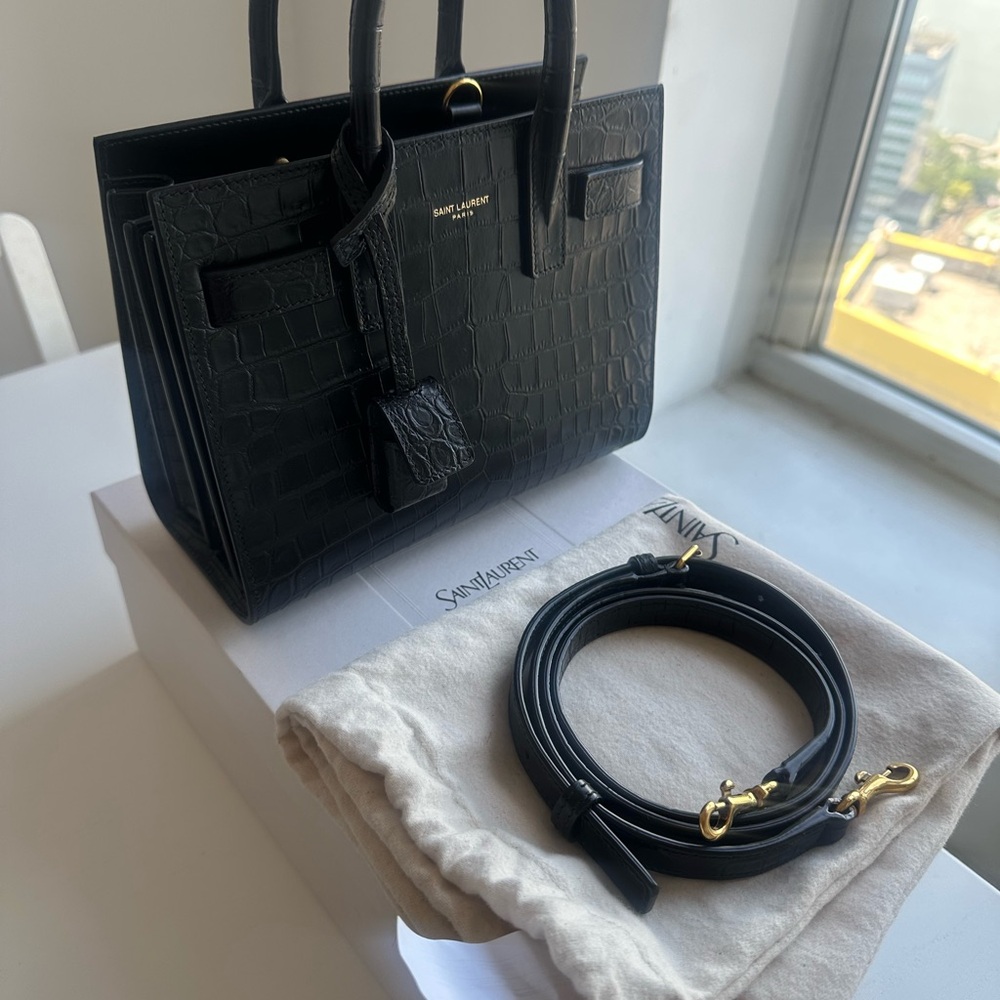 Authentic Saint Laurent Black Croc-Embossed Leather Nano Sac de jour